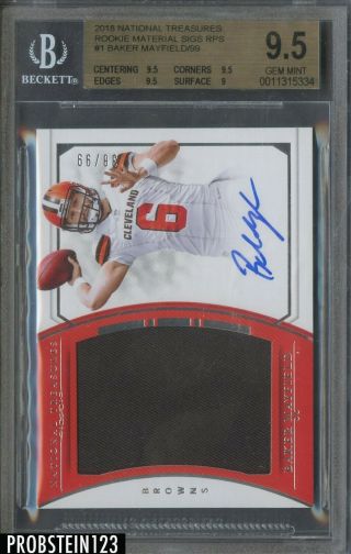2018 National Treasures Baker Mayfield Browns Rc Jersey Auto /99 Bgs 9.  5