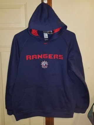 Nike York Rangers Boys Hoodie Sweatshirt Large Lg L Blue Red Embroidered Nhl
