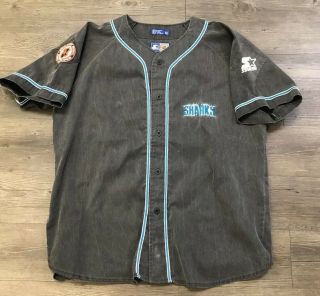 Vtg 90’s San Jose Sharks Baseball Button Jersey Starter Light Gray Black Xl
