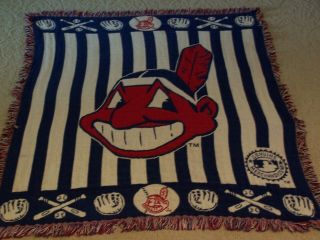 Cleveland Indians Acrylic Throw Blanket Chief Wahoo Made In Usa Vintage 60x49 "