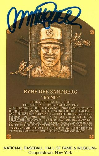 Ryne Sandberg Signed Autographed Hall Of Fame Postcard Cubs Baseball Hof Plaque