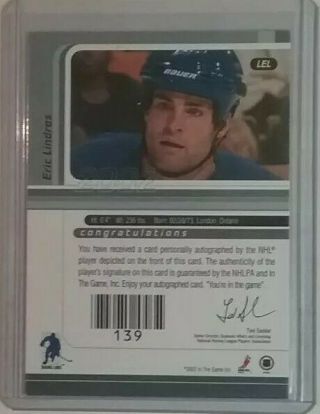 2001 - 02 IN THE GAME SIGNATURE SERIES GOLD UNSIGNED AUTO CARD LEL ERIC LINDROS 2
