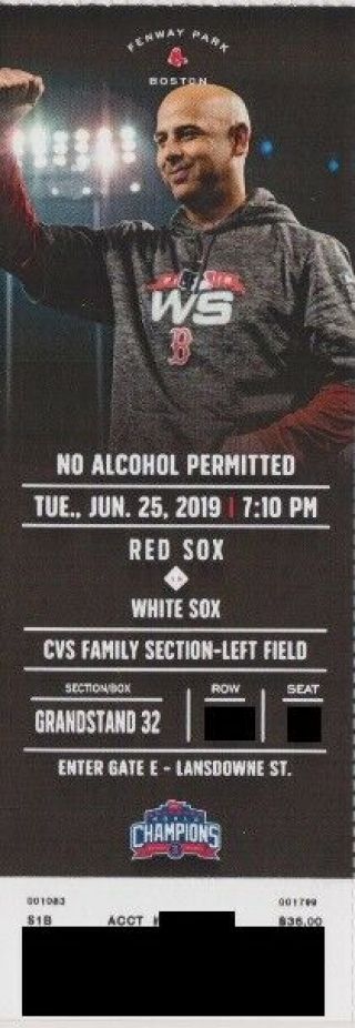 Boston Red Sox V Chicago White Sox Ticket Stub 6/25/2019 @ Fenway Park