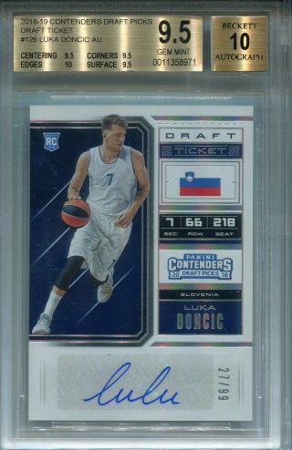 2018/19 Panini Contenders Drafts Luka Doncic Draft 27/99 Auto Bgs 9.  5 W/ 10 Auto
