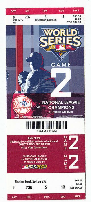 2009 Ny Yankees Vs Phillies World Series Game 2 Ticket Stub Mariano Rivera Save