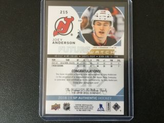 Joey Anderson 2018 - 19 Upper Deck SP Authentic FUTURE WATCH AUTO RC 827/999 2
