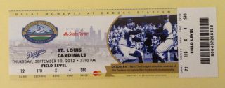 9 - 13 - 2012 Los Angeles Dodgers Vs.  St.  Louis Cardinals (sandy Koufax) Ticket