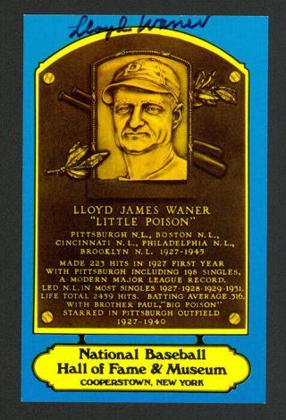 Lloyd Waner Hof Pittsburgh Pirates Signed Auto Blue Hof Plaque Postcard -