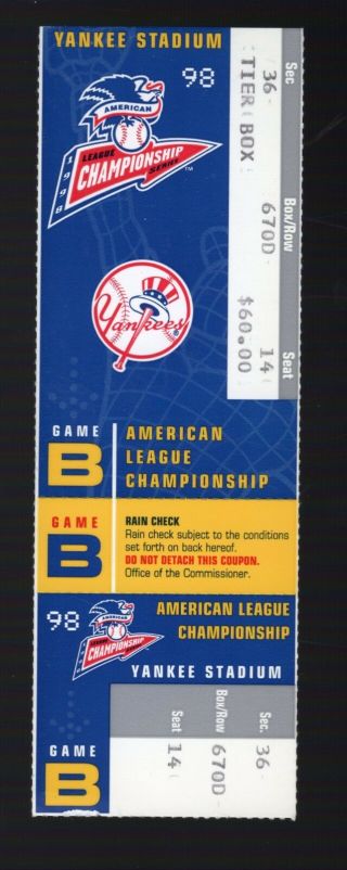 1998 Alcs Game 2 Full Ticket York Yankees Vs Cleveland Indians Justice Hr