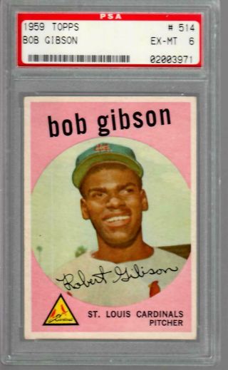 1959 Topps 514 Bob Gibson Cardinals Hof Rc Rookie Psa 6 Ex - Mt