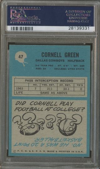 1964 Philadelphia Football 47 Cornell Green Dallas Cowboys PSA 9 2