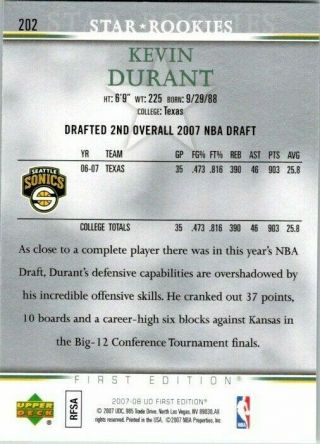 2007 - 08 UD First Edition Kevin Durant Rookie Card 202 Basketball Card 2