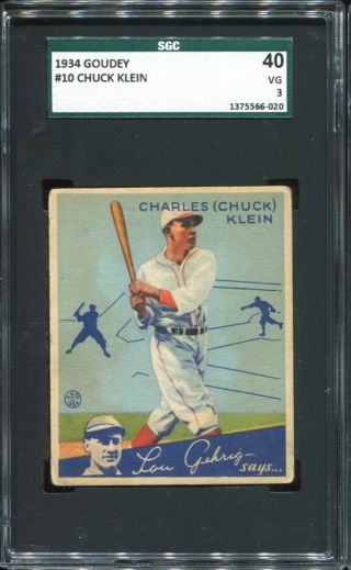 1934 Goudey R320 10 Chuck Klein Sgc 40 Vg 3 Chicago Cubs