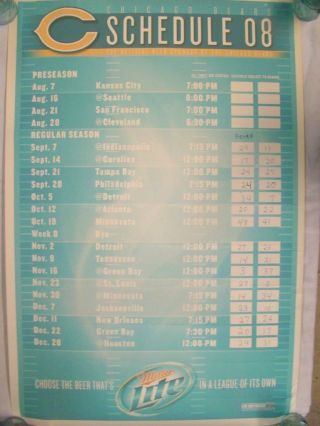 Chicago Bears 2008 Miller Lite Football Schedule Poster 24” X 36”