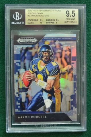 Aaron Rodgers Football Card D /25 Bgs 9.  5 Gem 2019 Prizms Camo Packers Rc