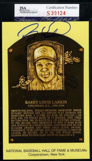 Barry Larkin Jsa Certified Autograph Hand Signed Gold Hof Plaque Postcard