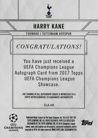 2016 - 17 TOPPS CHAMPIONS LEAGUE SHOWCASE Harry Kane Tottenham Hotspur Auto Card 5