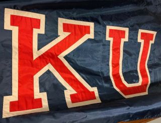 Kansas Jayhawks KU Embroidered Sewn Logo Nylon Flag 57” x 35” Blue Red White 2