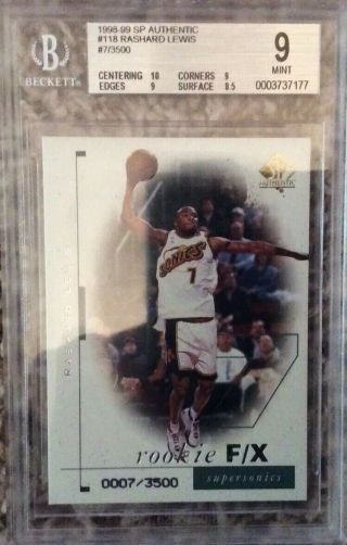 Rashard Lewis 1998 - 99 Sp Authentic Rc Bgs 9 0007/3500 (his Jersey Number 1 Of 1