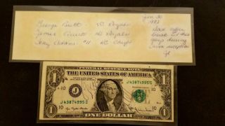 One Dollar Bill Signed By George Brett,  Jamie Quirk & Tony Adams (1982 With)