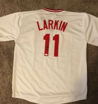 Barry Larkin Signed Auto Cincinnati Reds White Jersey Jsa Autographed