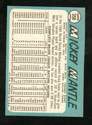 Mickey Mantle 1965 Topps card 350 York Yankees Nr Mt 2