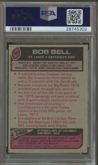 1977 Topps Football 241 Bob Bell Cardinals PSA 10 GEM 2