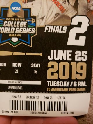 2019 College World Series Ticket Stub Finals G2 Michigan vs Vanderbilt 3