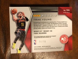 2018 - 19 Spectra Neon Blue Trae Young Hawks RPA RC Patch AUTO 84/99 Autograph 2