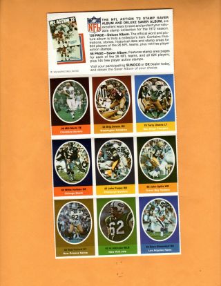 1972 Sunoco Nfl Action Stamps - 9 Stamp Sheet - Milt Morin,  John Fuqua,
