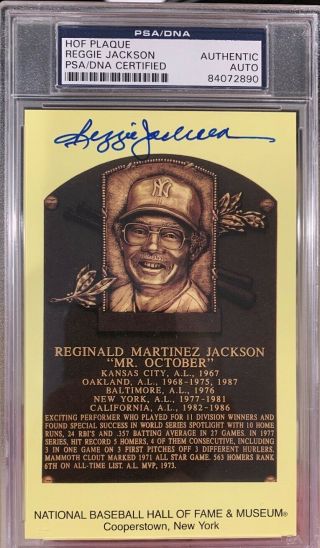 Yankees Signed Reggie Jackson Yellow Hof Plaque Postcard Auto Psa/dna Authentic