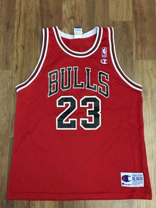 Kids Xl (18 - 20) - Vtg Nba Chicago Bulls 23 Jordan Champion Printed Jersey Red