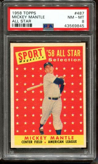 1958 Topps 487 Mickey Mantle All - Star Psa 8,  Hof York Yankees