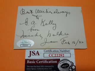 Jsa Boxing Boxer Mickey Walker Signed 2.  75x4.  25 Index Card Autograph D.  1981