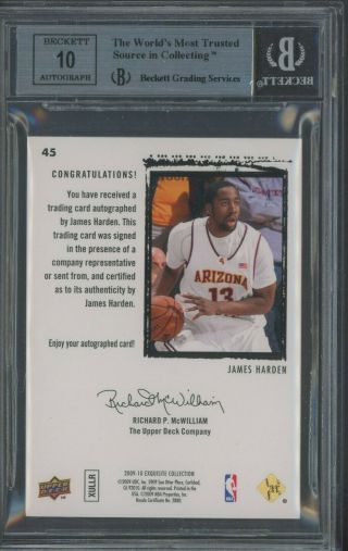 2009 - 10 UD Exquisite 45 James Harden Thunder RC Rookie AUTO 57/225 BGS 9 w/ 10 2