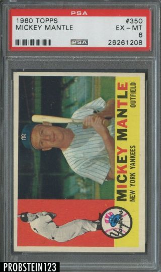 1960 Topps 350 Mickey Mantle York Yankees Hof Psa 6 Ex - Mt