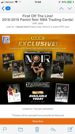 2018 - 19 Panini Noir Basketball First Off Line Hobby Box Confirmed /9 Exclusive