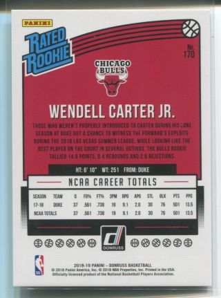 2018 - 19 Wendell Carter Jr Panini Donruss PRESS PROOF GOLD LASER Rc 6/10 Bulls 2