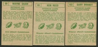 1968 CANADIAN FOOTBALL CARDS.  SCARCE.  3 SASKATCHEWAN ROUGHRIDERS.  SHAW,  REED, 2