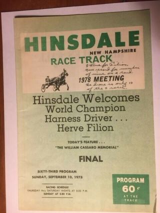 1978 Harness Horse Racing Program Hinsdale Nh World Champion Herve Filion 8 Wins