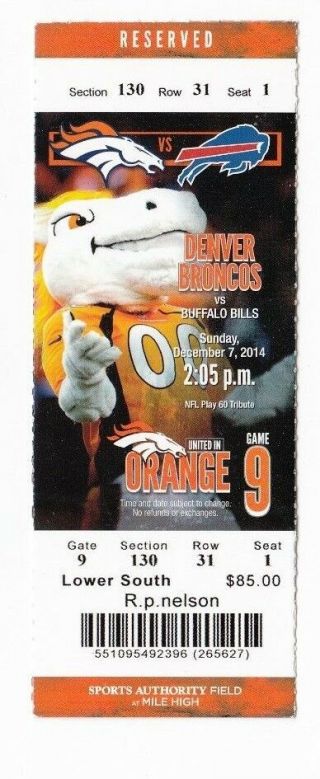 2014 Denver Broncos Vs Buffalo Bills Ticket Stub 12/7/14