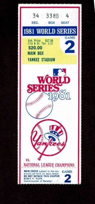 1981 World Series Game 2 Ticket Stub York Yankees Vs Los Angeles Dodgers