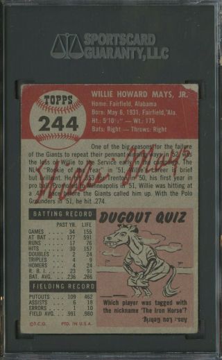 1953 Topps 244 Willie Mays York Giants HOF SGC 2.  5 GOOD, 2