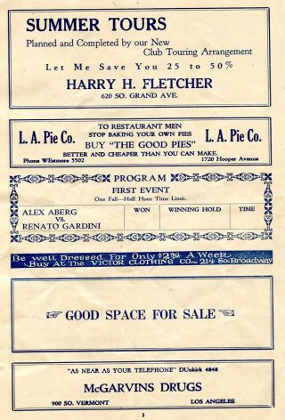 WRESTLING PROGRAM OLYMPIC AUDITORIUM 8/17/1927 STECHER LONDOS GARDINI 3
