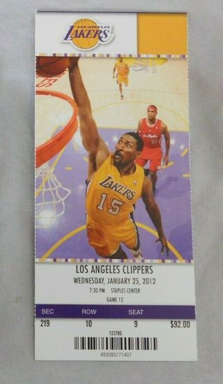 2012 Los Angeles Lakers Vs Los Angeles Clippers 1/25/12 Ticket Stub