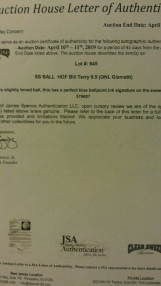 Bill Terry signed baseball jsa 3