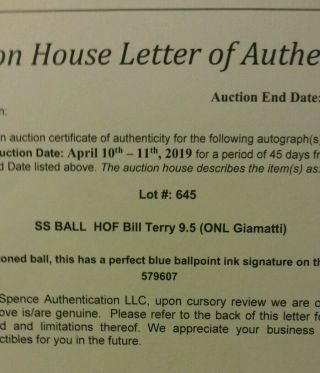 Bill Terry signed baseball jsa 4