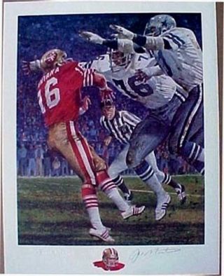 Joe Montana Autographed 49ers " The Throw " Signed Lithograph By Merv Corning