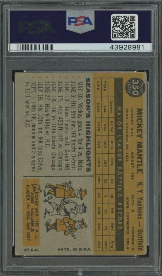 1960 Topps 350 Mickey Mantle York Yankees HOF PSA 1.  5 FR 2