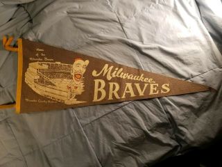 Vintage 1950s Milwaukee Braves Mlb Baseball Felt Pennant Pre Brewers